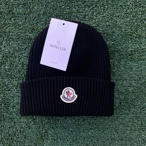 Moncler Black Ribbed Cuffed Beanie with Logo Emblem